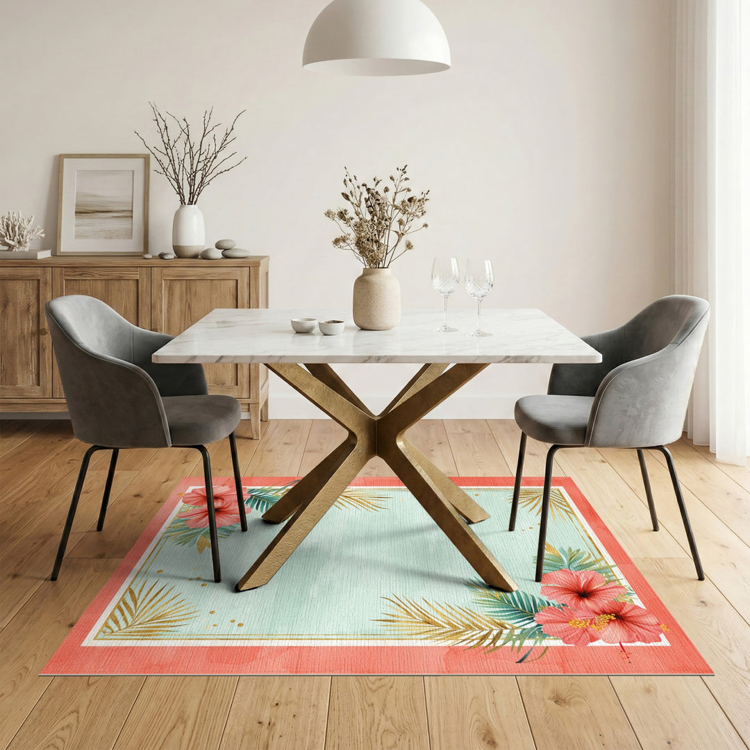 Coral Hibiscus Gold Palm Washable Area Rug