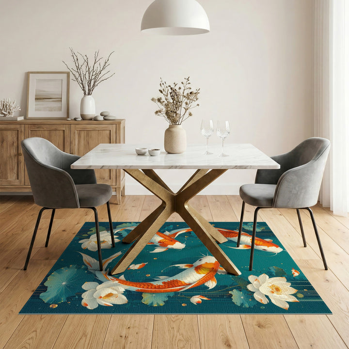 Koi Lotus Teal Washable Area Rug