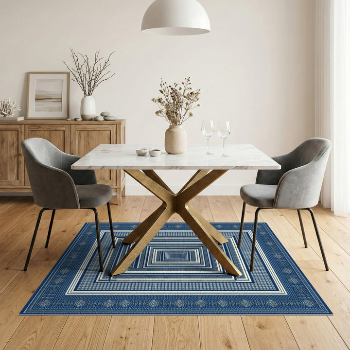 Blue and Teal Blue Concentric Geometric Area Rug