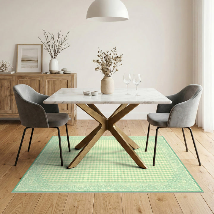 Green Gingham Checkered Area Rug with Ornate Border