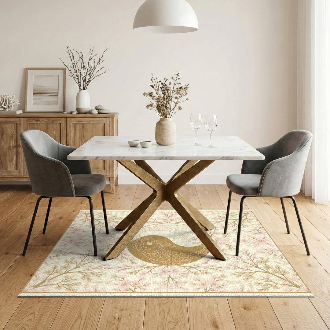 Koi Yin Yang Cherry Blossom Beige Area Rug