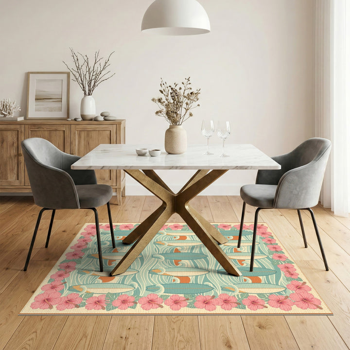 Surfboard Wave Hibiscus Coastal Area Rug