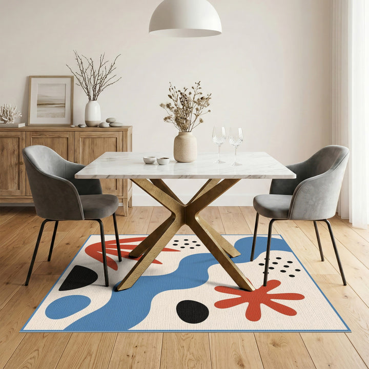 Blue Abstract Area Rug with Red Accents