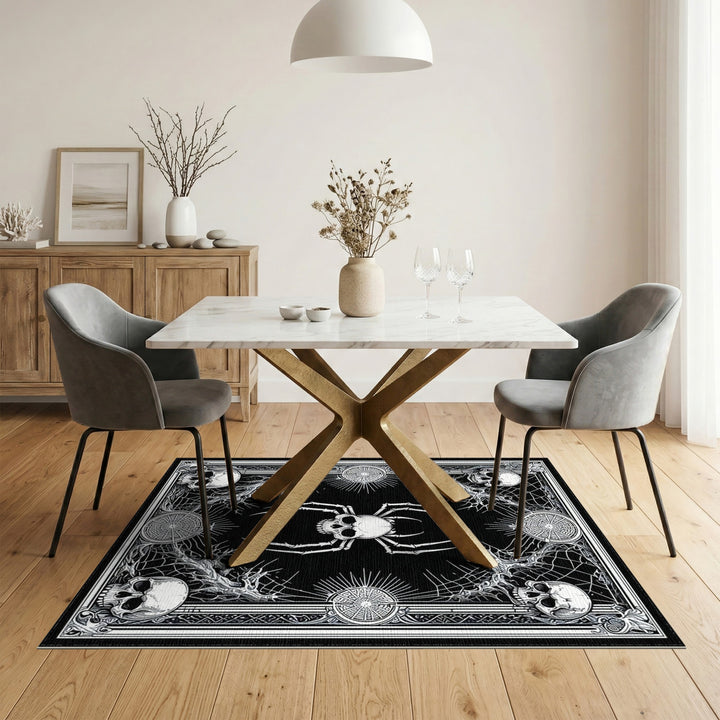 Skull Spider Black White Washable Area Rug