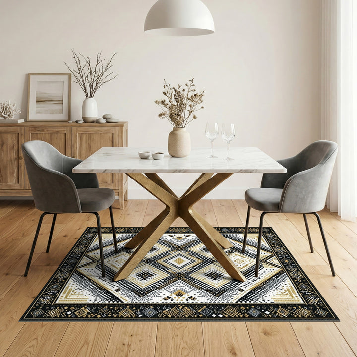 Black and White Black Gold Geometric Diamond Area Rug