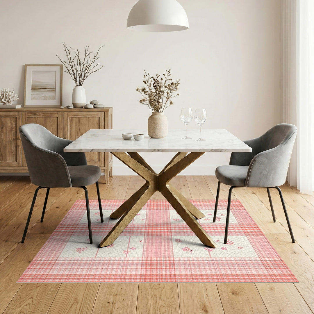Pink Floral Gingham Area Rug