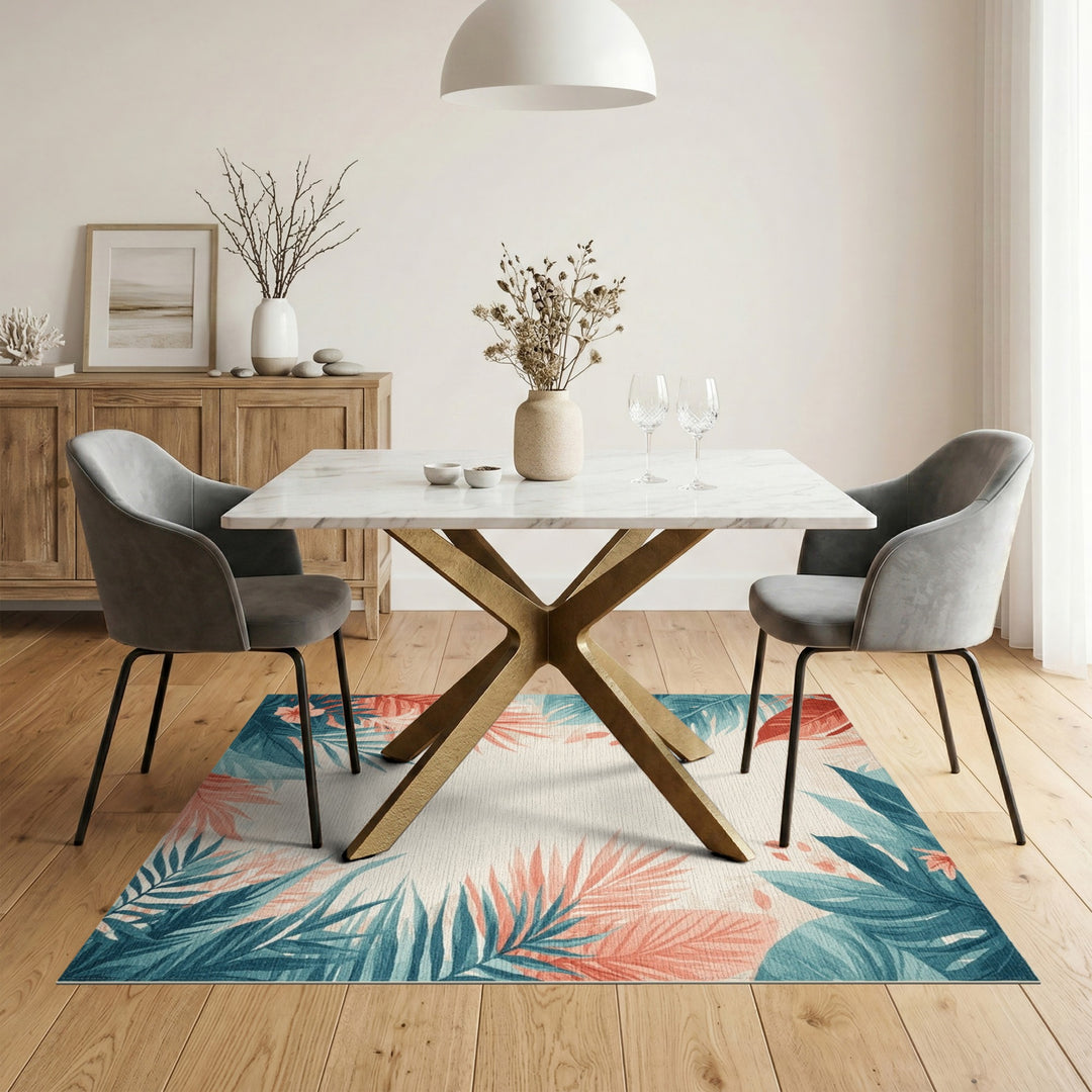 Blue Teal Coastal Leaf Area Rug