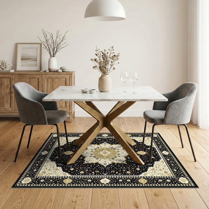 Traditional Persian Black Gold Persian Medallion Area Rug