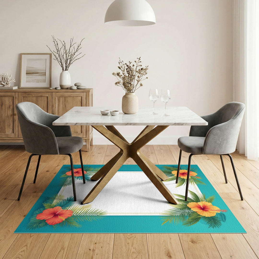 Hibiscus Palm Teal Border Area Rug
