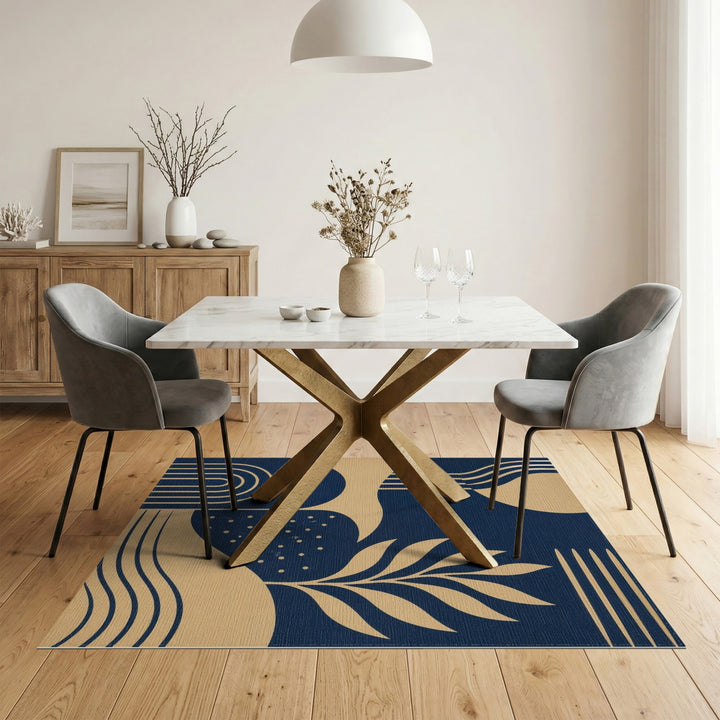 Navy Gold Geometric Leaf Area Rug