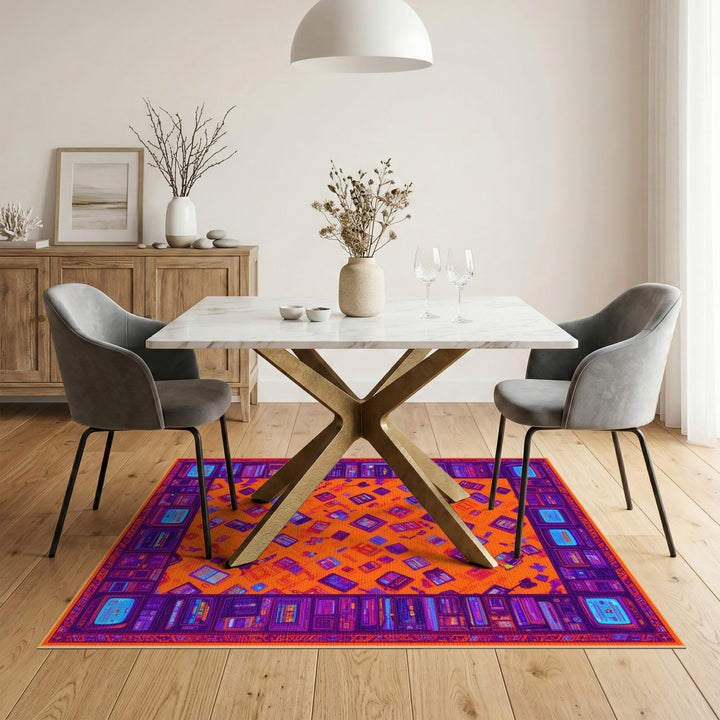 Orange Retro Tech Washable Area Rug