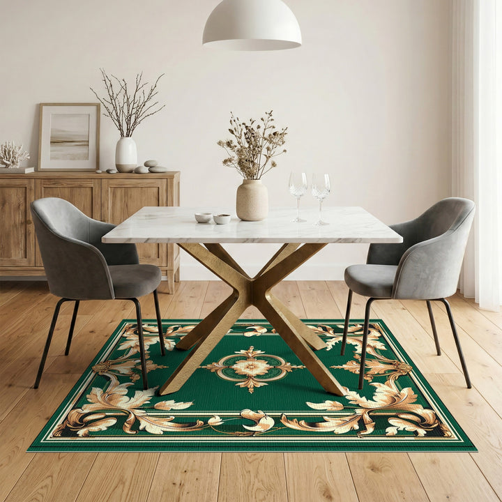 Ornate Gold Floral Medallion Green Area Rug