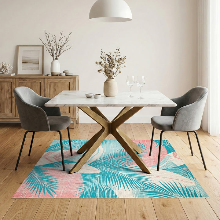 Blue Teal Palm Frond Coastal Area Rug