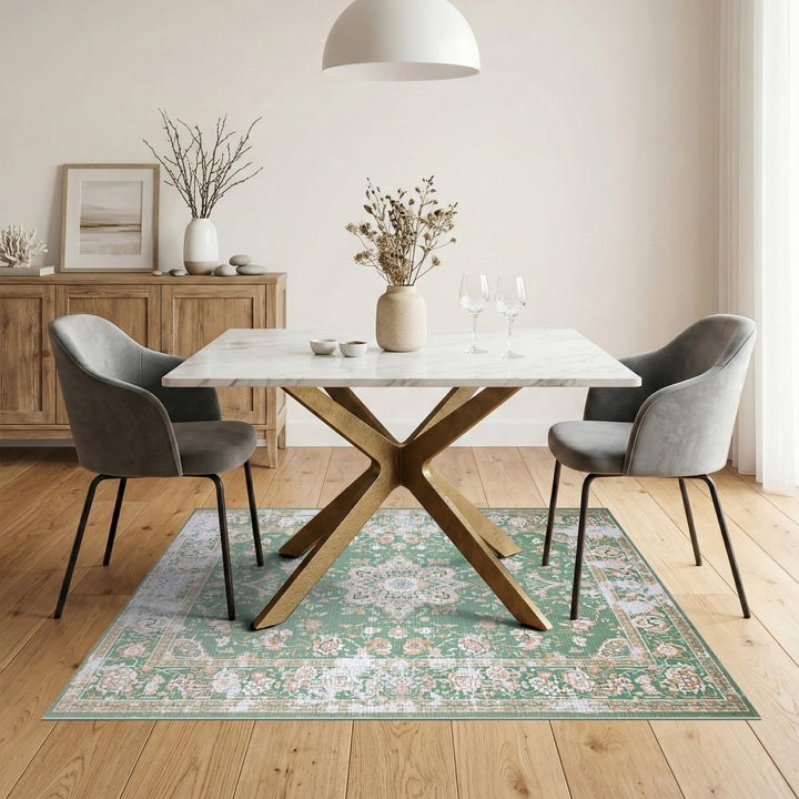 Green Distressed Green Floral Vintage Area Rug