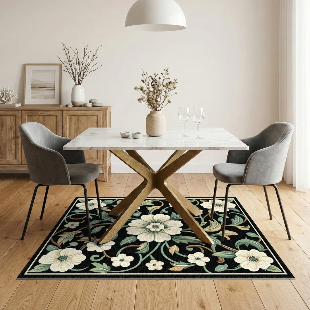 Black White Floral Vintage Area Rug