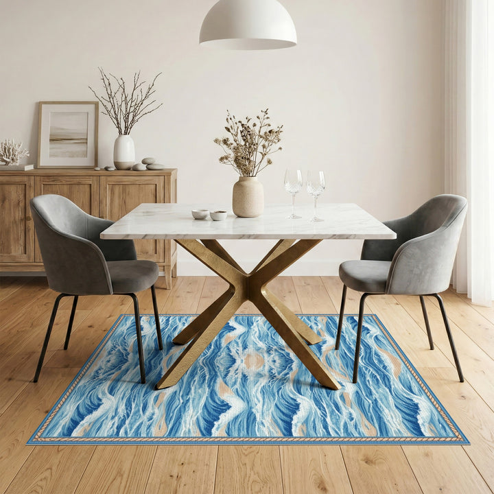 Symmetrical Blue Ocean Waves Area Rug