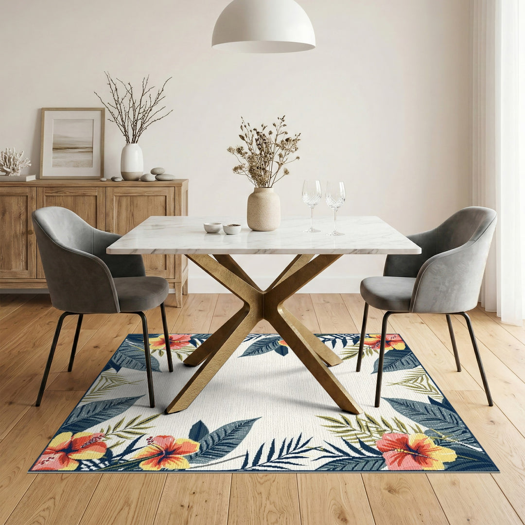 Hibiscus Floral Border Washable Area Rug