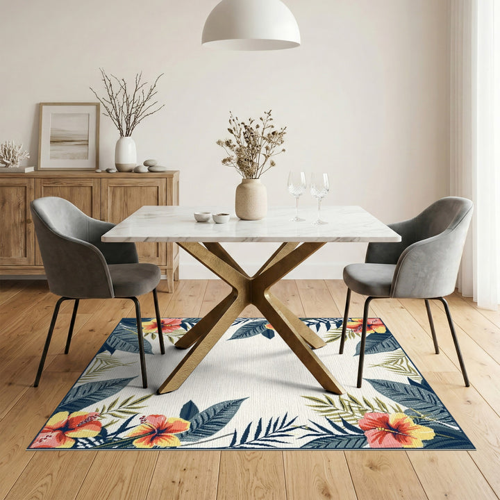 Hibiscus Floral Border Washable Area Rug