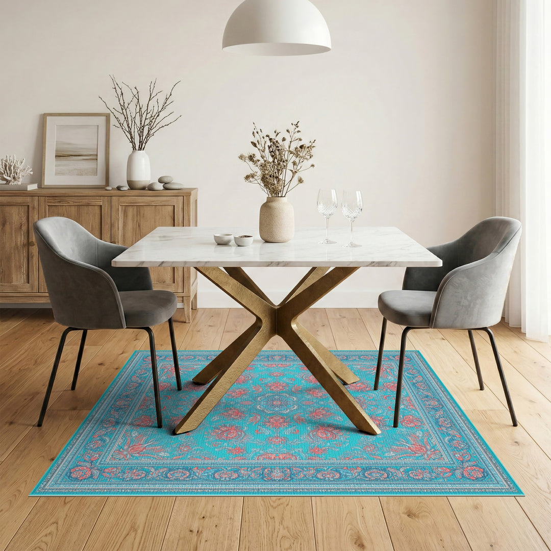 Teal Red Floral Medallion Area Rug