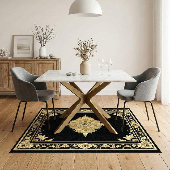 Gold Floral Medallion Black Area Rug