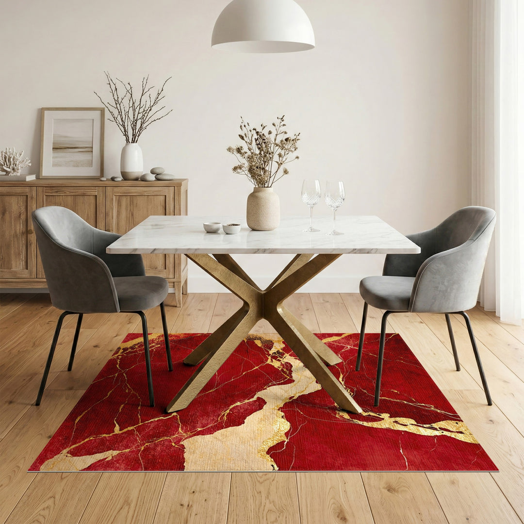 Red Marble Gold Vein Abstract Area Rug