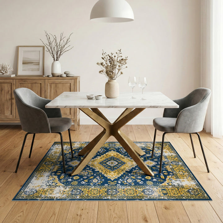 Distressed Navy Blue and Gold Vintage Area Rug