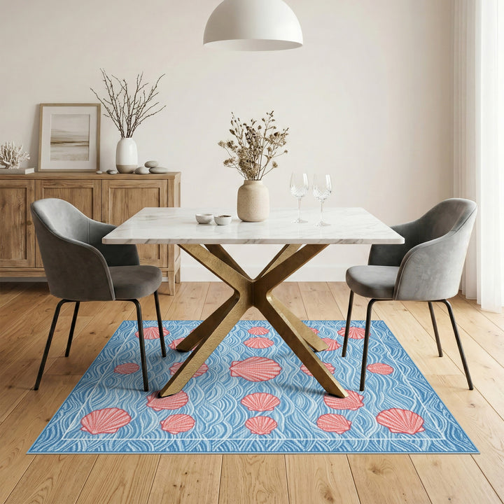 Blue Wave Red Seashell Coastal Area Rug