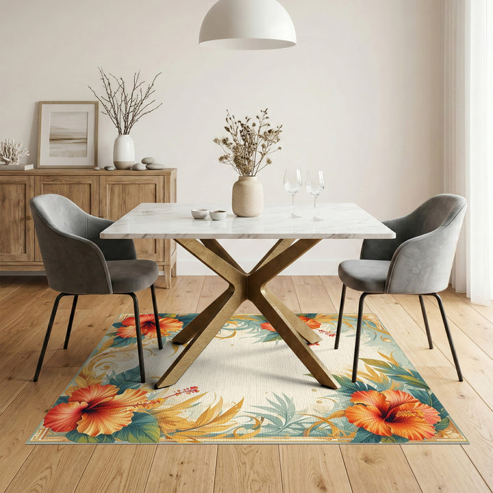 Orange Hibiscus Floral Vintage Area Rug