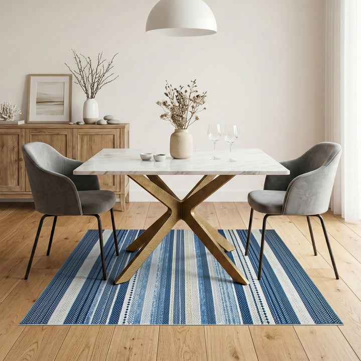 Blue and Teal Blue Striped Coastal Washable Area Rug