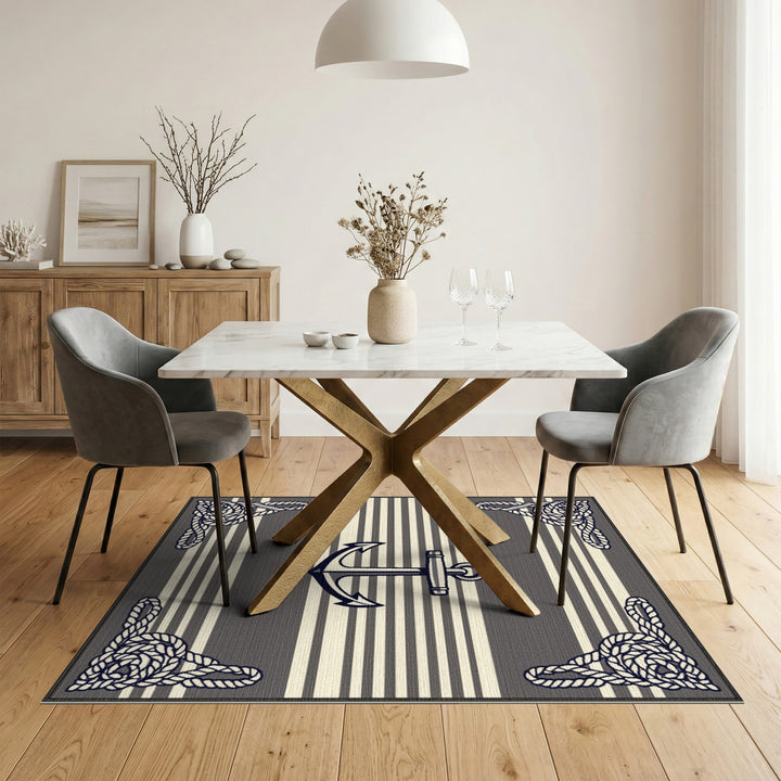 Grey Striped Nautical Anchor Area Rug