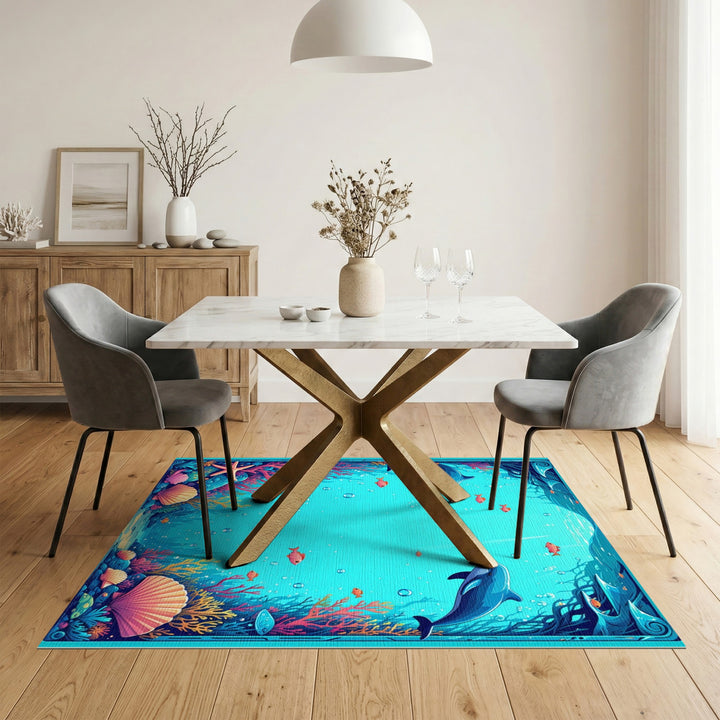 Dolphin Reef Blue Teal Coastal Area Rug