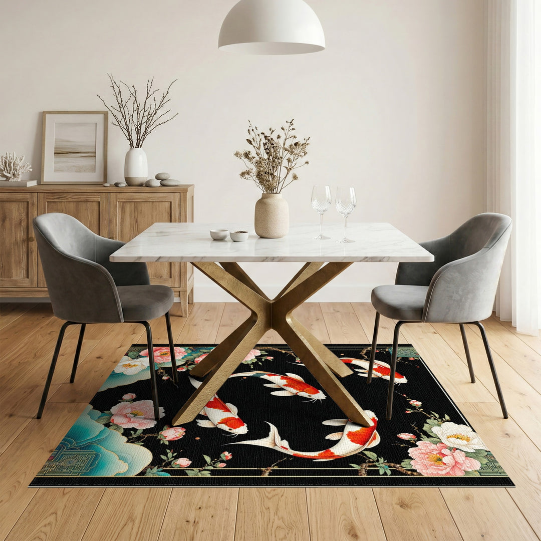 Koi Fish Peony Black Area Rug