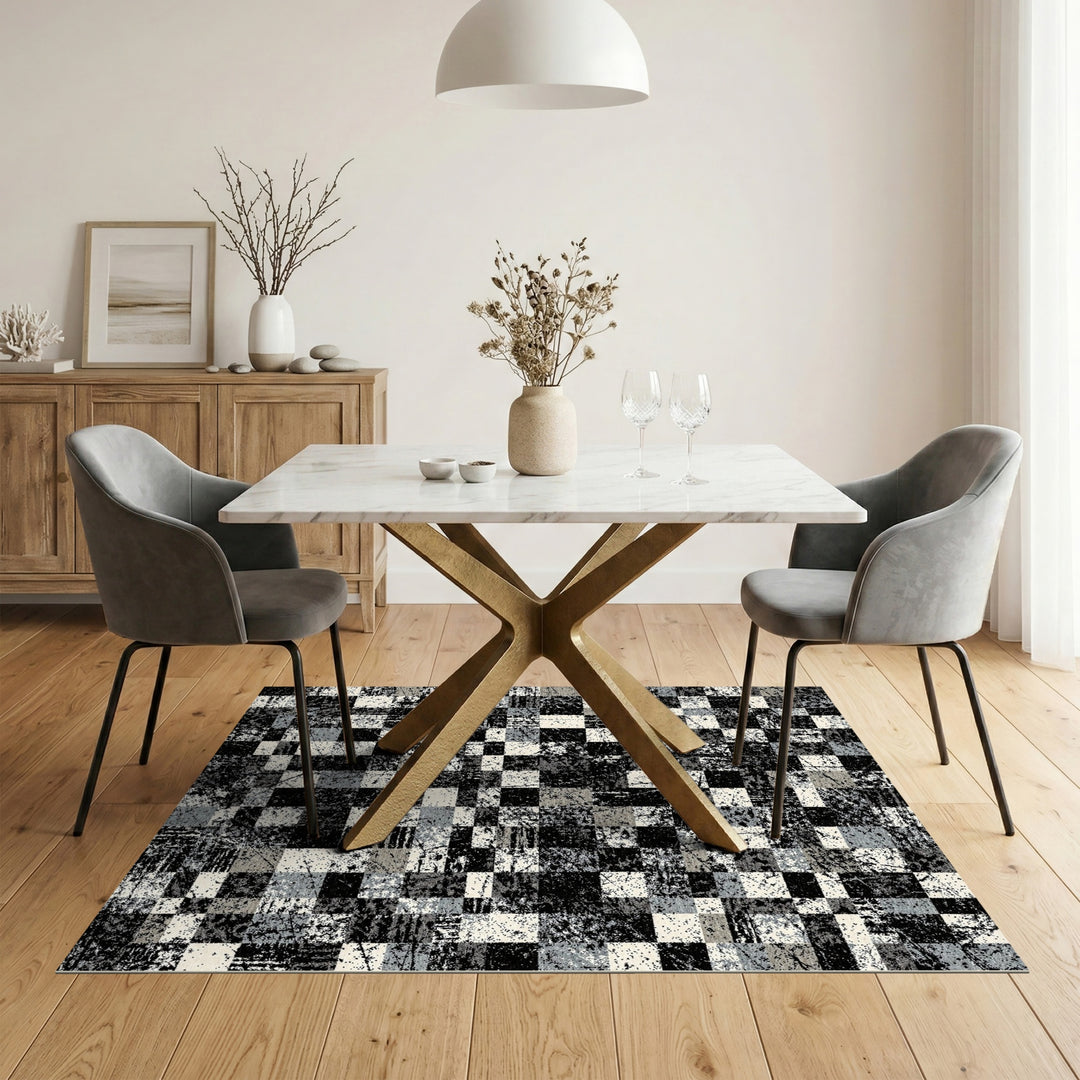 Distressed Black White Checkered Area Rug