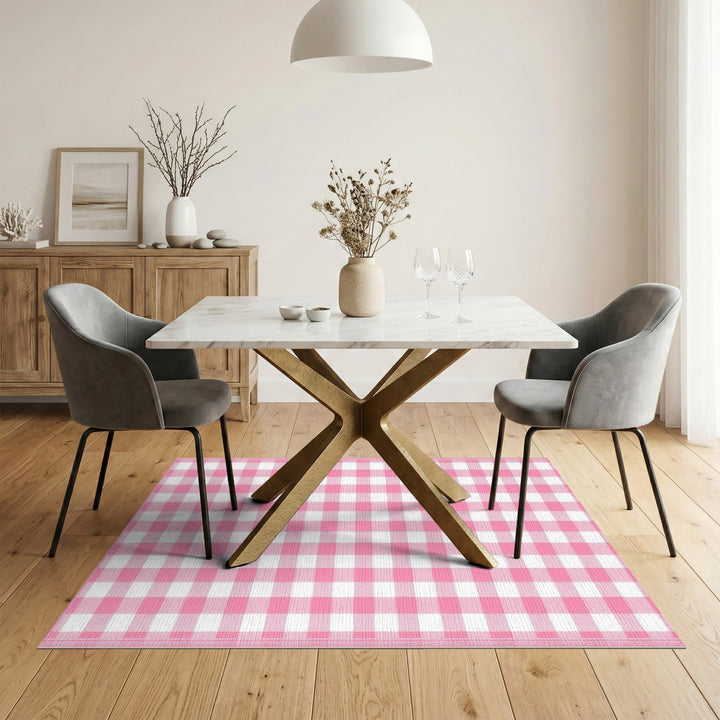Rustic Farmhouse Pink Gingham Check Washable Area Rug
