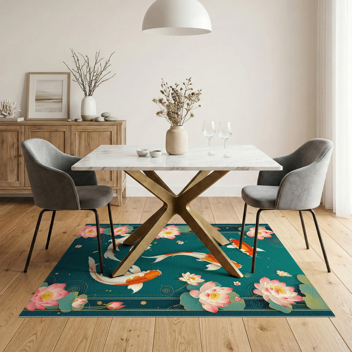 Teal Koi Lotus Washable Area Rug
