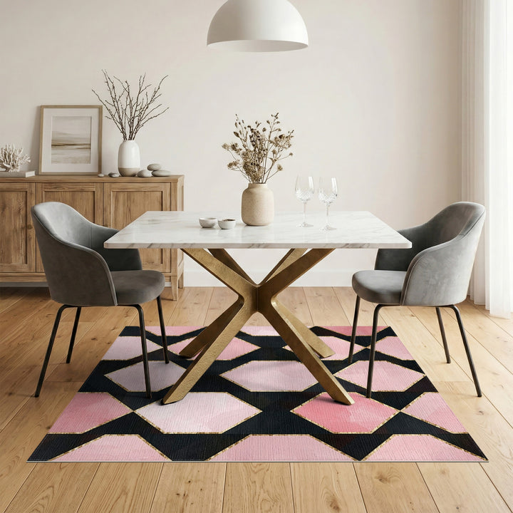 Pink Geometric Diamond Area Rug with Gold Accents