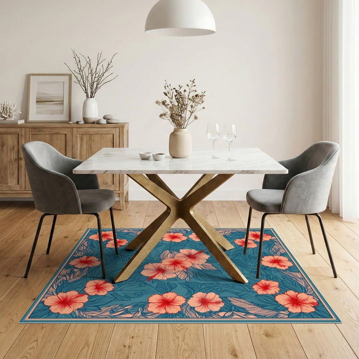 Coral Hibiscus Teal Floral Area Rug