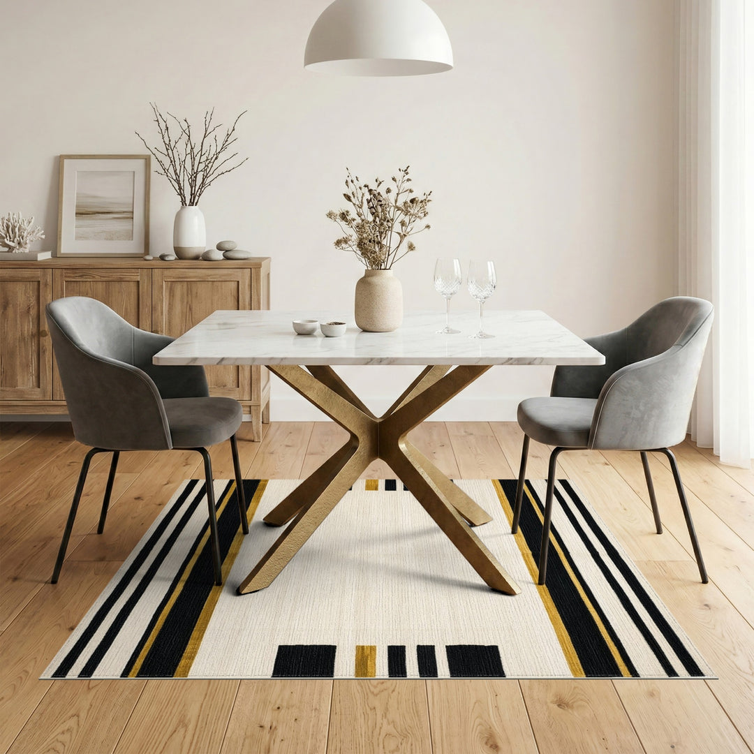 Black and White Black Gold Geometric Striped Area Rug
