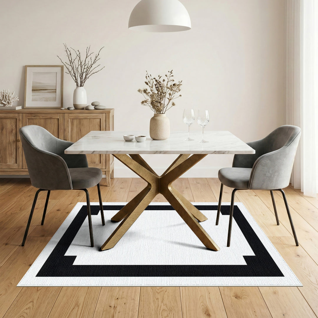 Black White Geometric Step Border Rug