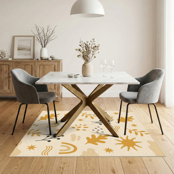 Beige Boho Chic Washable Area Rug with Sun Moon Leaves