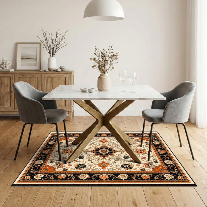 Black Orange Floral Vintage Area Rug