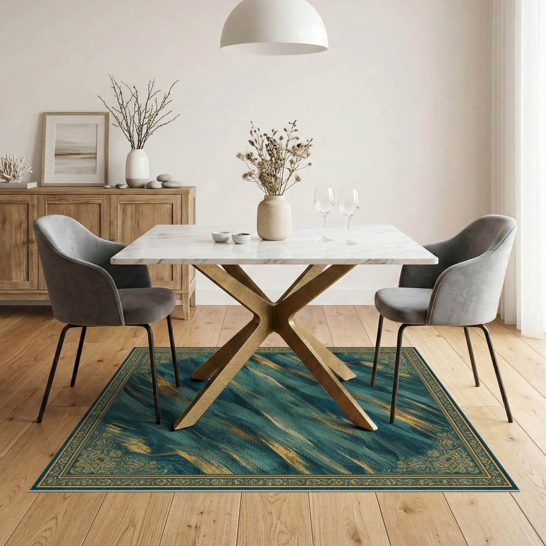 Teal Gold Abstract Brushstroke Area Rug