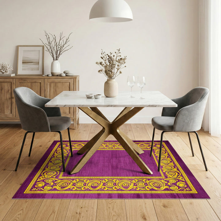 Purple Floral Vintage Area Rug with Yellow Border