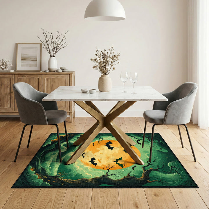 Bats Over Glowing Moon Green Area Rug