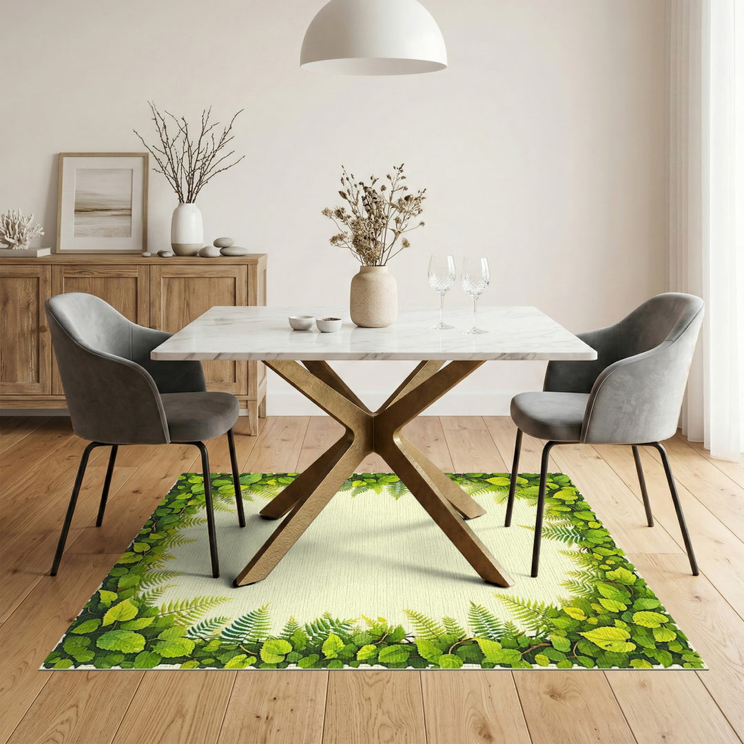 Lush Green Fern Leaf Border Area Rug