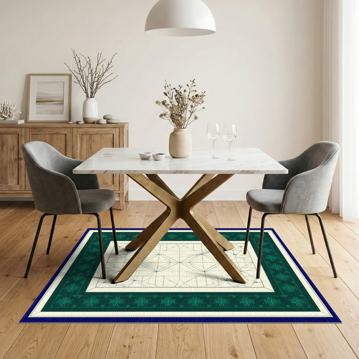 Teal Geometric Snowflake Border Area Rug