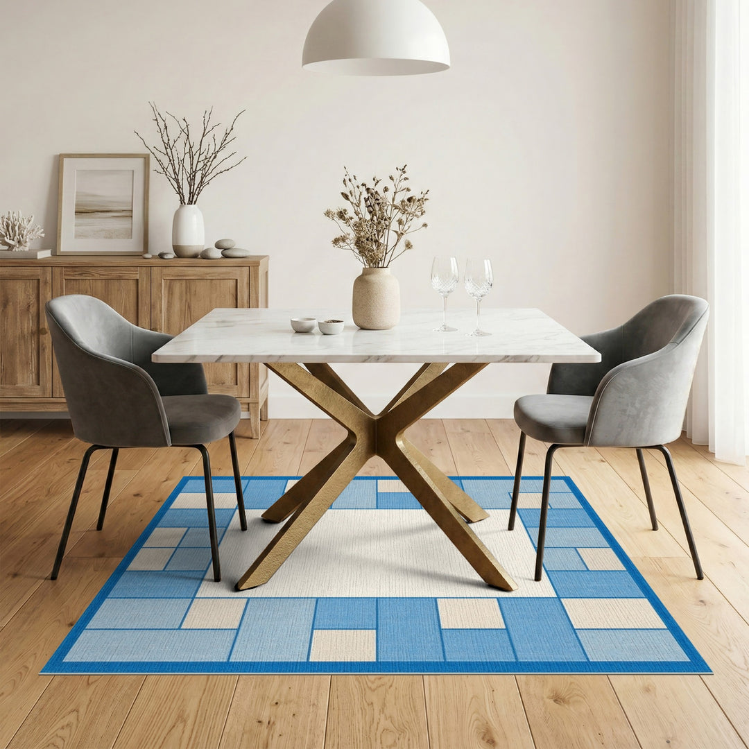 Blue and Teal Blue Geometric Border Area Rug
