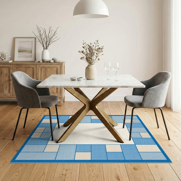 Blue and Teal Blue Geometric Border Area Rug