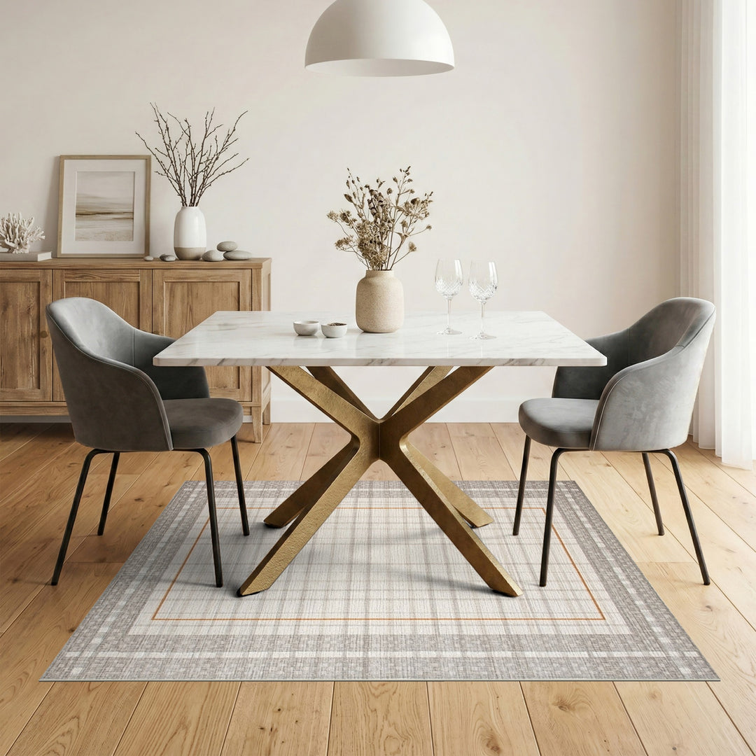 Neutral Grid Plaid Area Rug with Orange Border