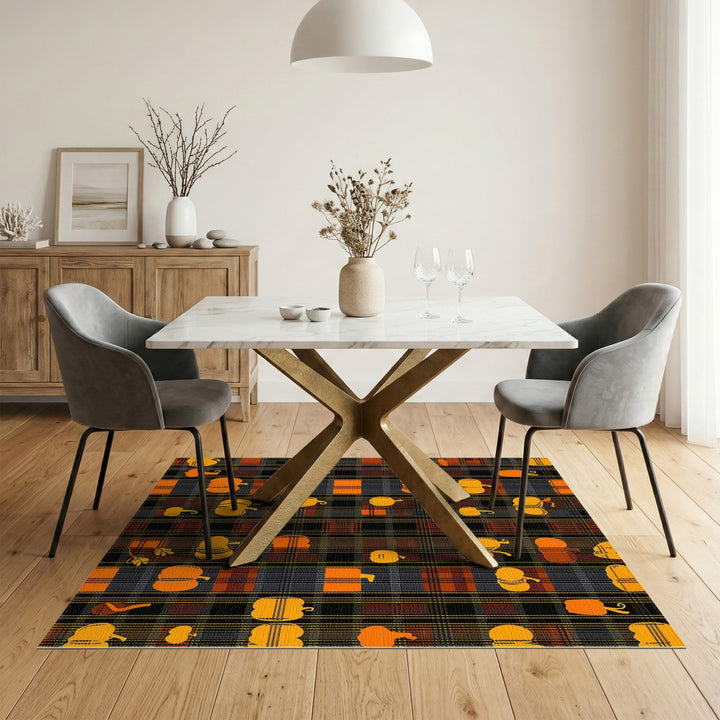 Orange Rustic Farmhouse Orange Pumpkin Plaid Washable Area Rug